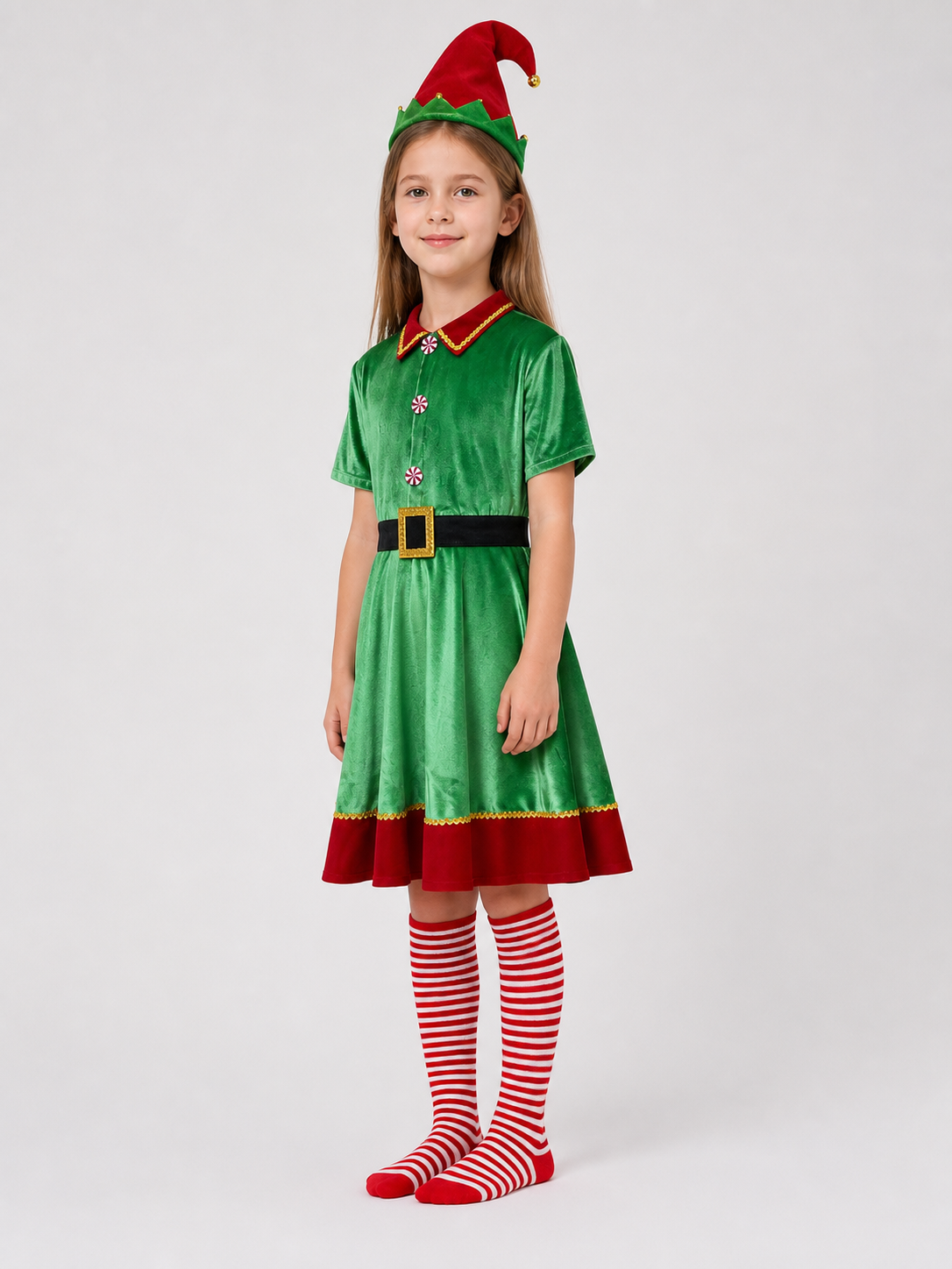 Christmas Elf Costume: Dress, Hat, Belt, Knee-High Socks side view