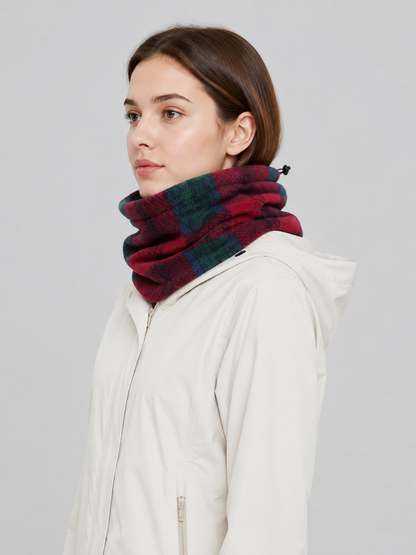 Insulated red neck gaiter with a plaid pattern side view