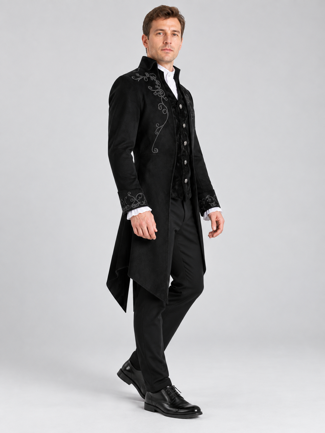 Black Tailcoat with Embroidery and Stand Collar