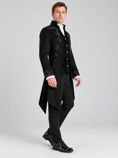 Black Tailcoat with Embroidery and Stand Collar