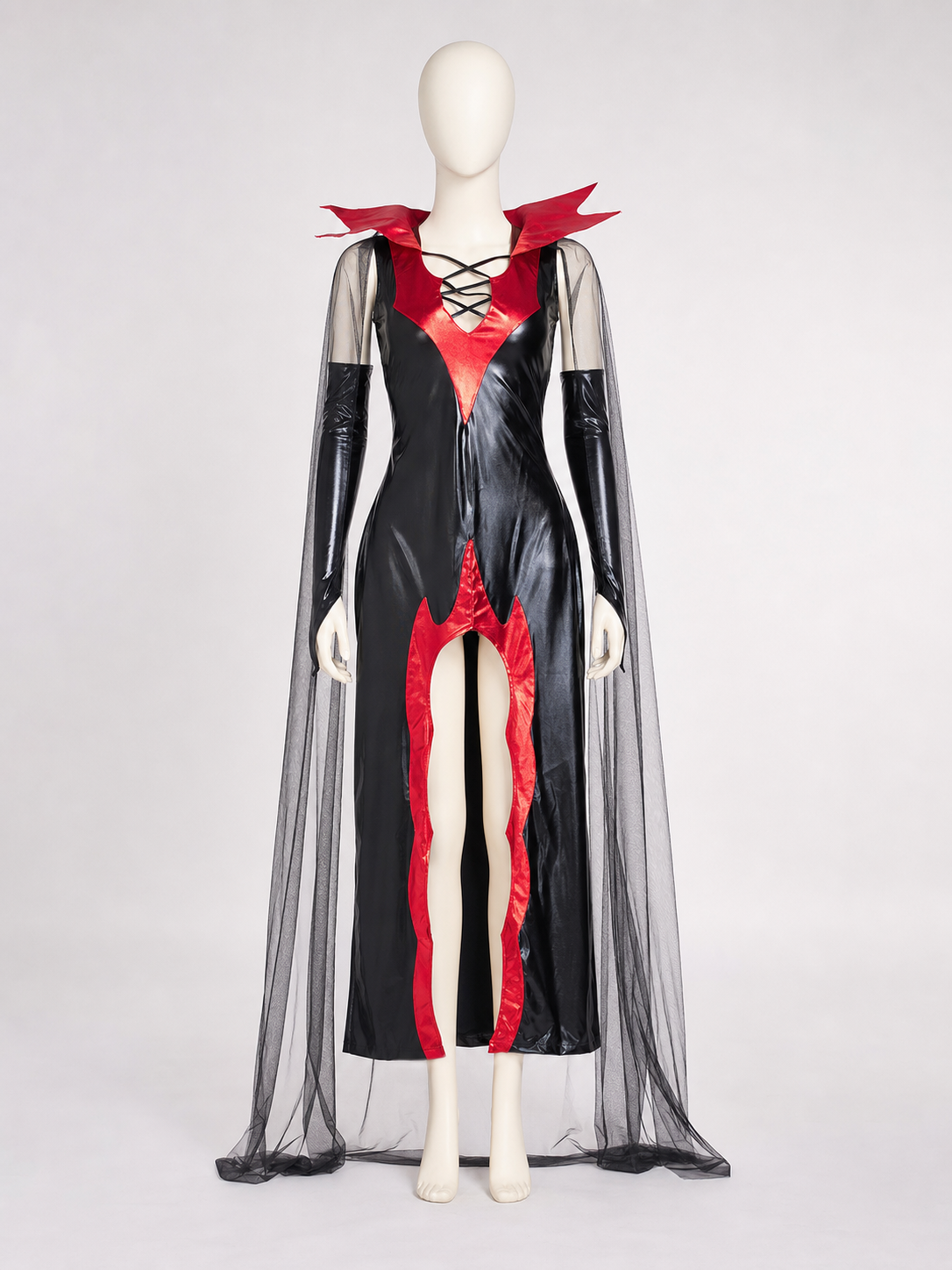 Black and Red Gothic Vampire Costume with Cape side view