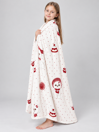 Double-sided blanket with a dog and cherry pastries print