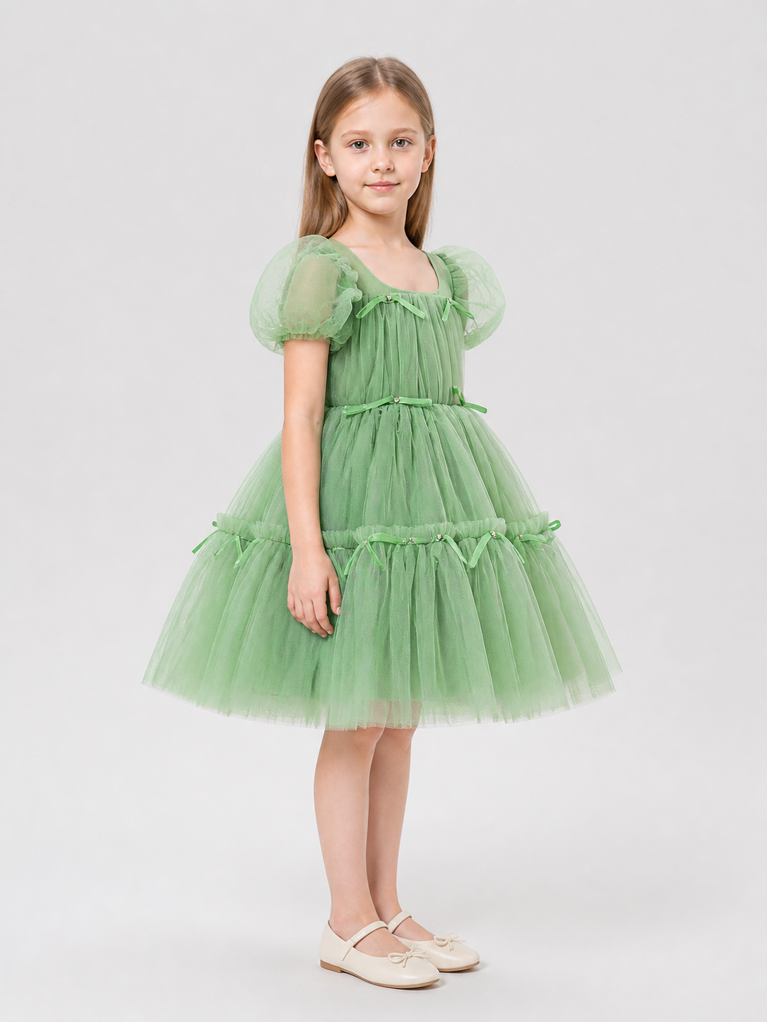 Festive Princess Dress with a Full Skirt and Bows side view
