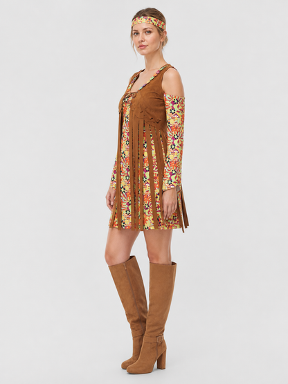 Retro Hippie Fringe Floral Print Dress side view