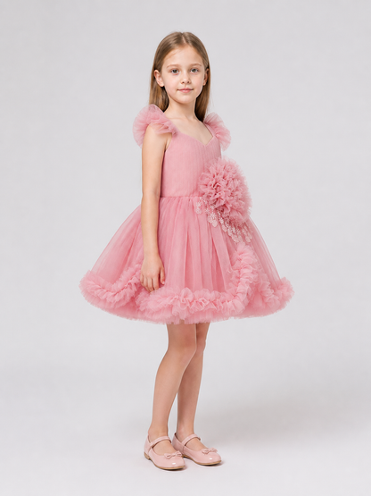 Girls' Dressy Dress with Flower and Full Skirt side view