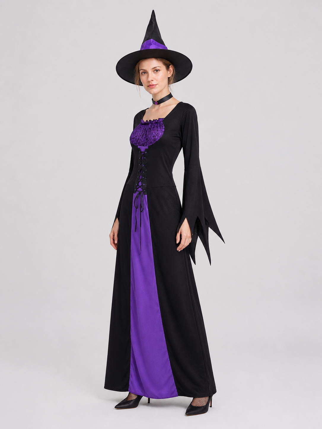 Witch Costume for Halloween: Dress, Hat, Collar side view