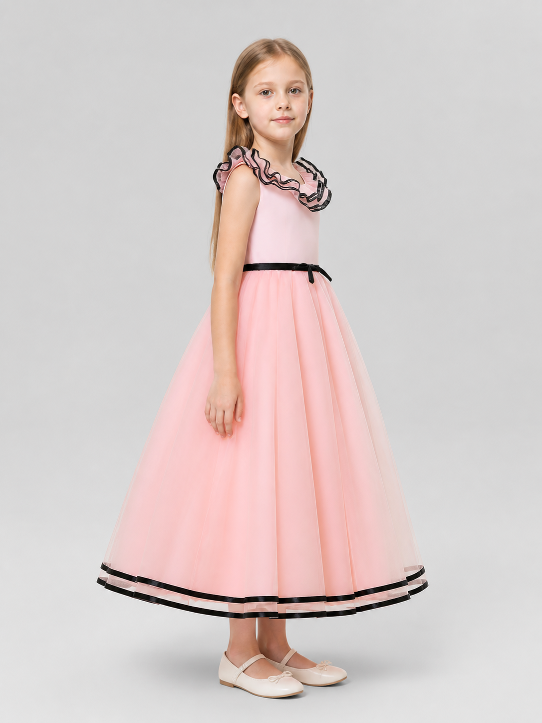 Pink Princess Dress for Girls with Black Trim side view