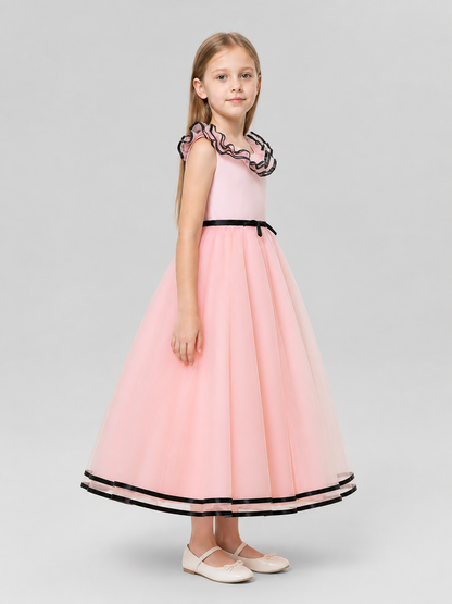 Pink Princess Dress for Girls with Black Trim side view