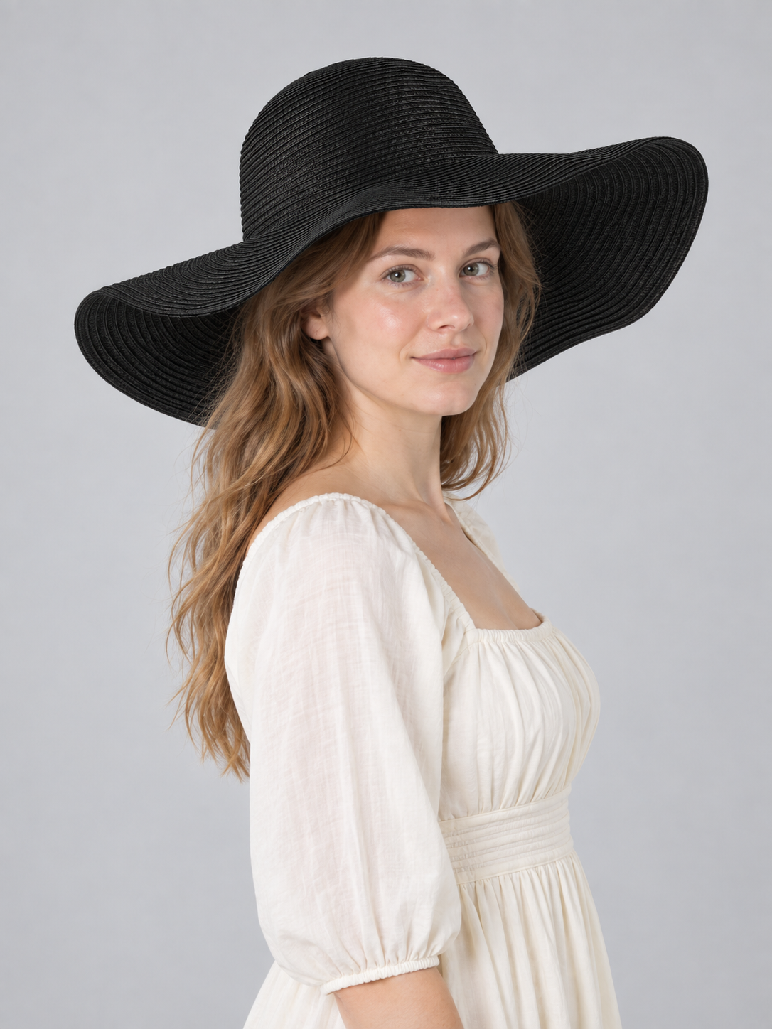 Wide-Brim Black Hat with Wavy Brim