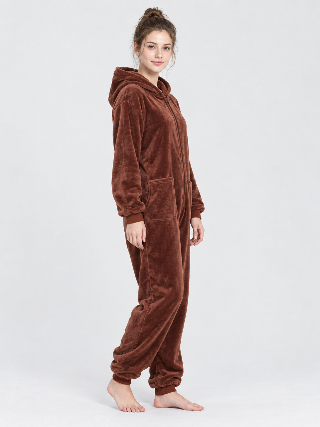 Brown Hooded Flannel Pajama Jumpsuit