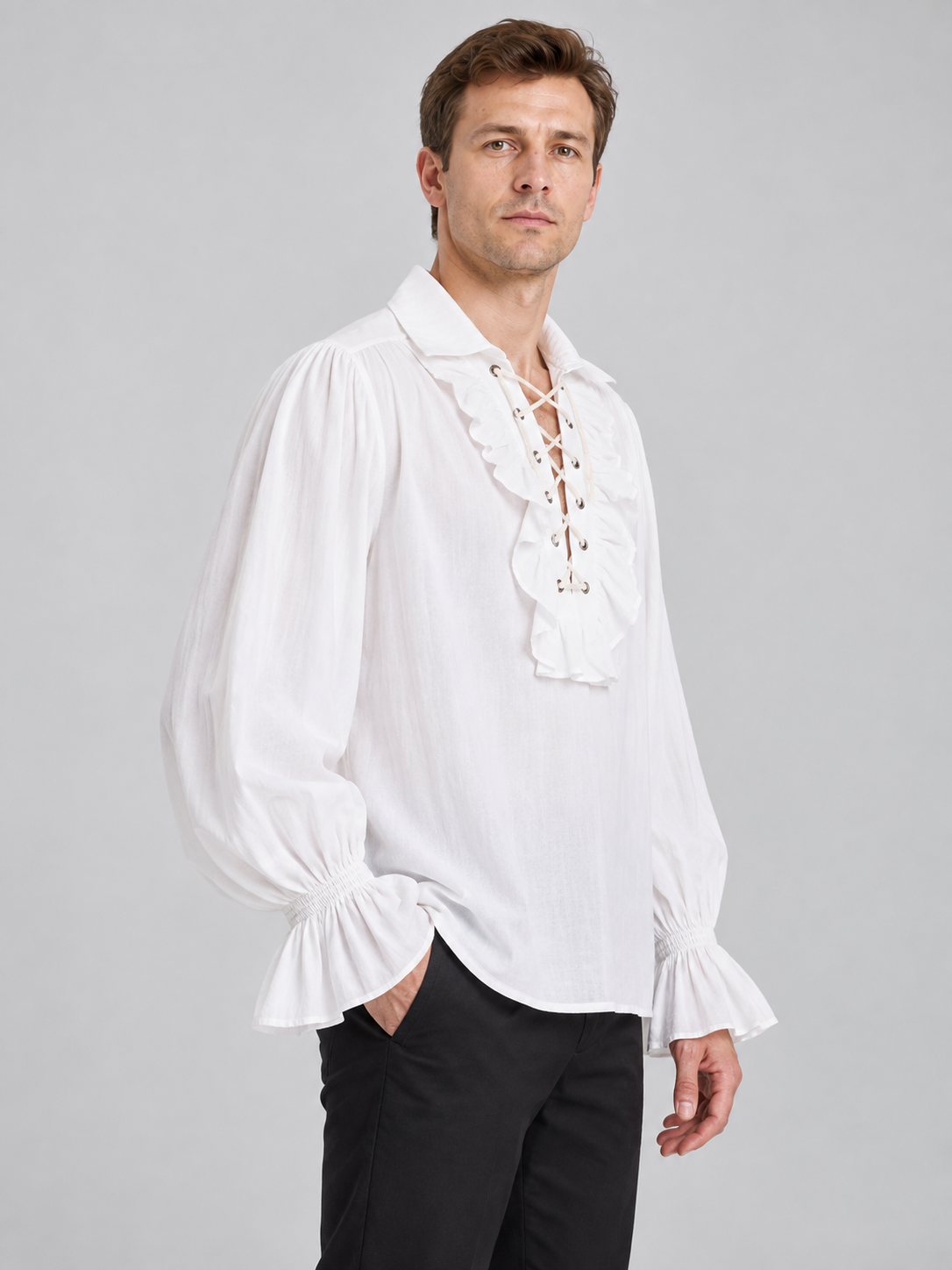White shirt with puffy sleeves, collar, and lacing