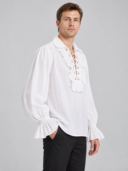 White shirt with puffy sleeves, collar, and lacing
