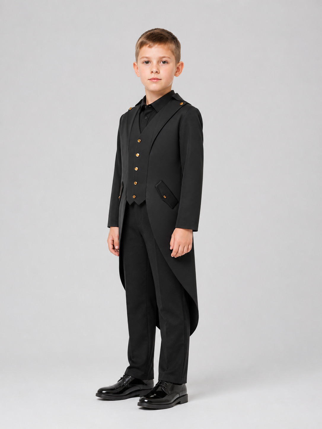 Tailcoat jacket with tails, long sleeves, and lapels side view