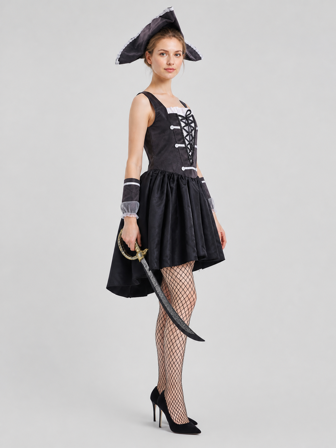 Pirate Dress with Corset, Black with White Trim side view