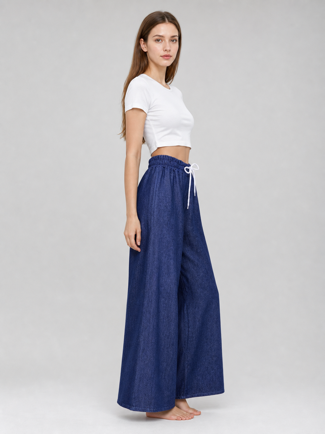 Dark Blue Palazzo Pants with an Elastic Waistband and White Drawstring side view