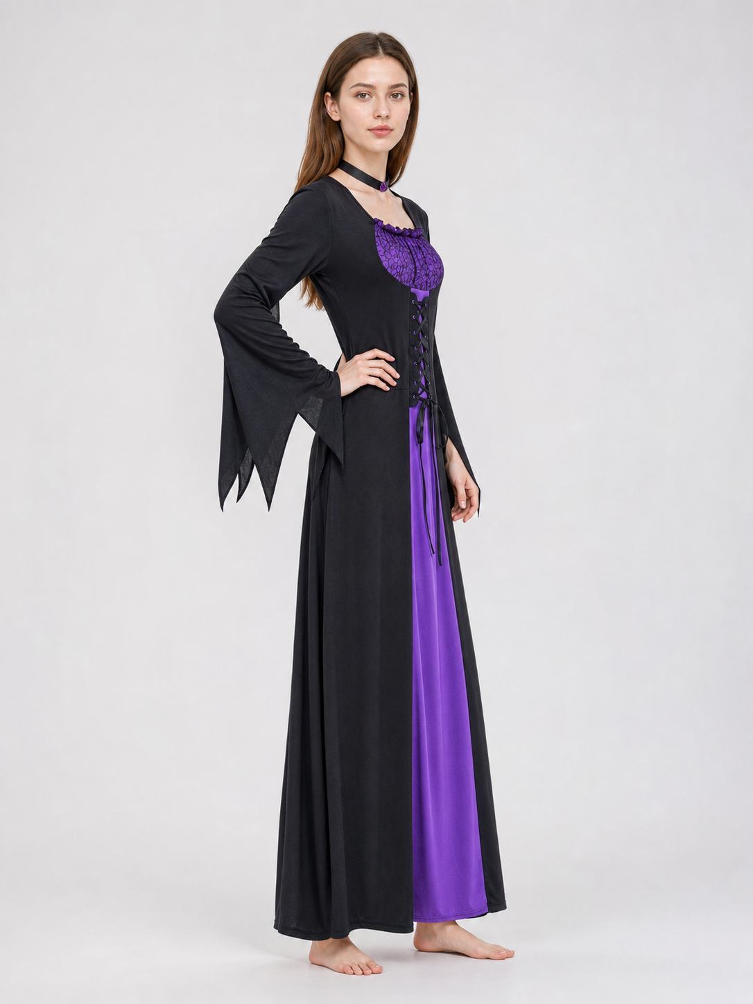 Purple and Black Witch Costume with Dress and Hat side view