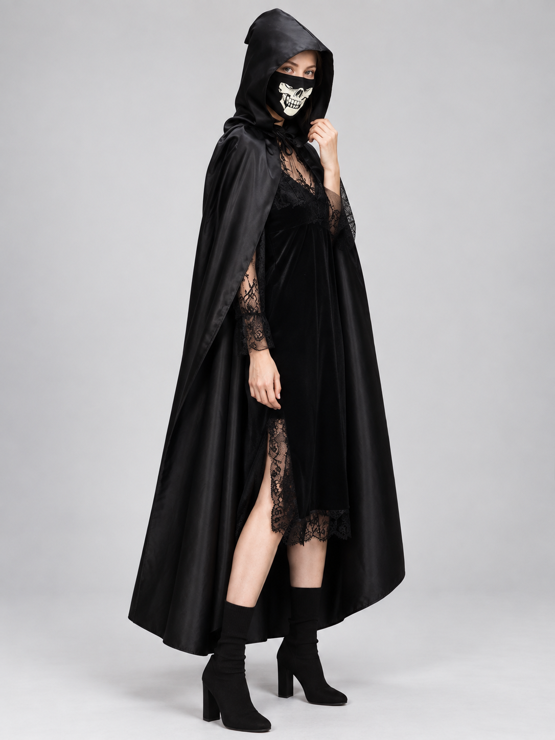 Costume Cape with Hood and Skull Mask side view