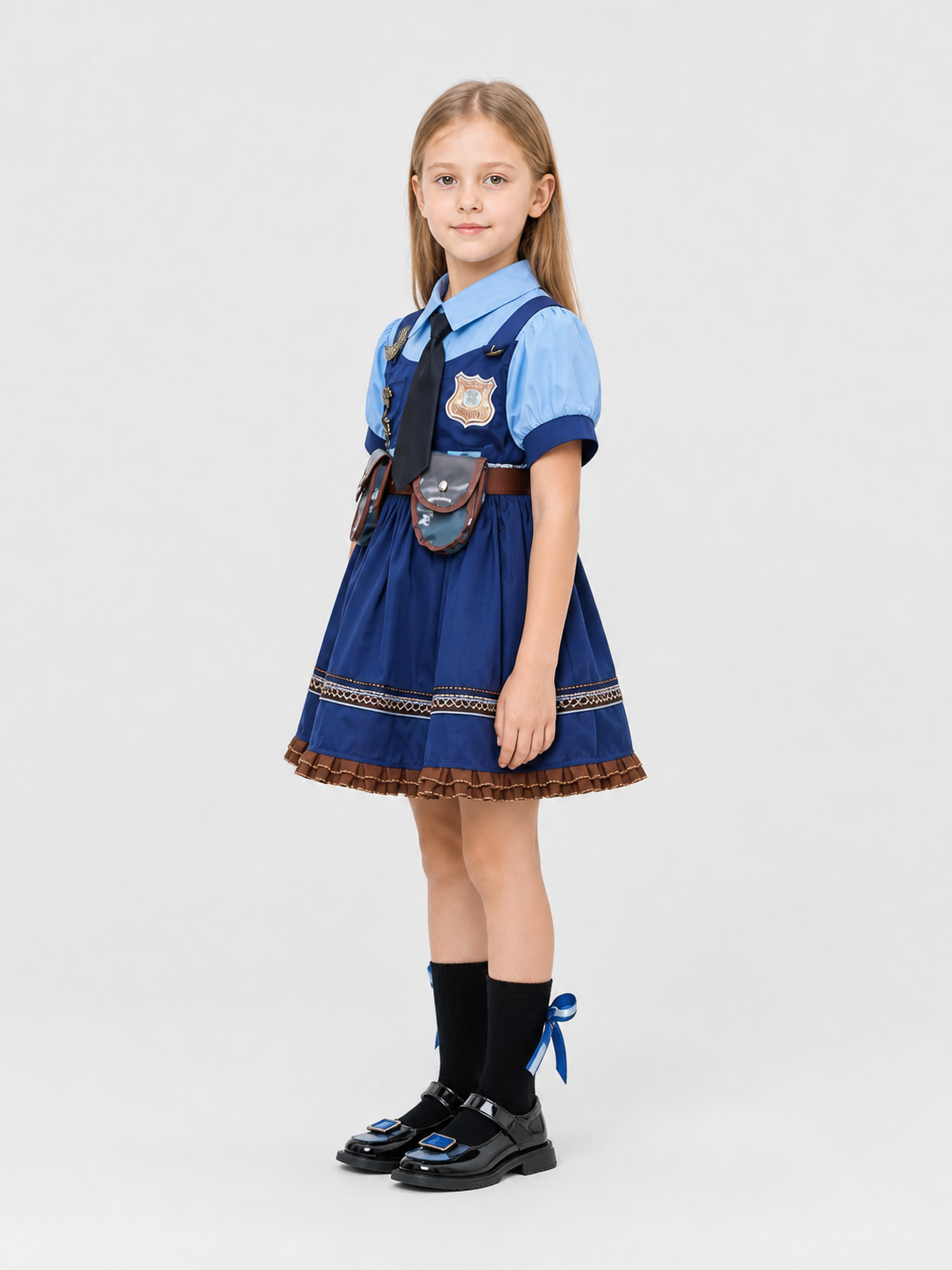 Children’s cosplay dress with collar, tie, and shorts side view