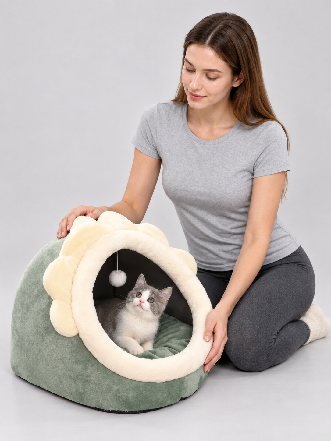 Pet House Bed with Hanging Ball side view