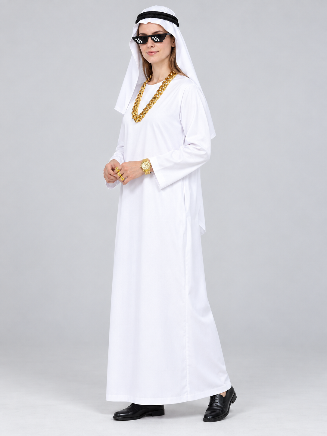 Traditional white shirt with headwear and glasses