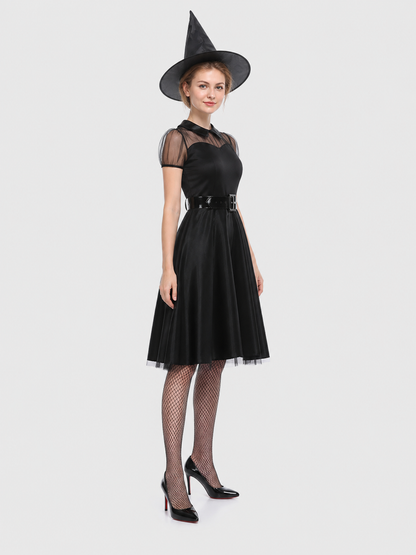Halloween Witch Costume, Black Dress, Hat, and Belt side view