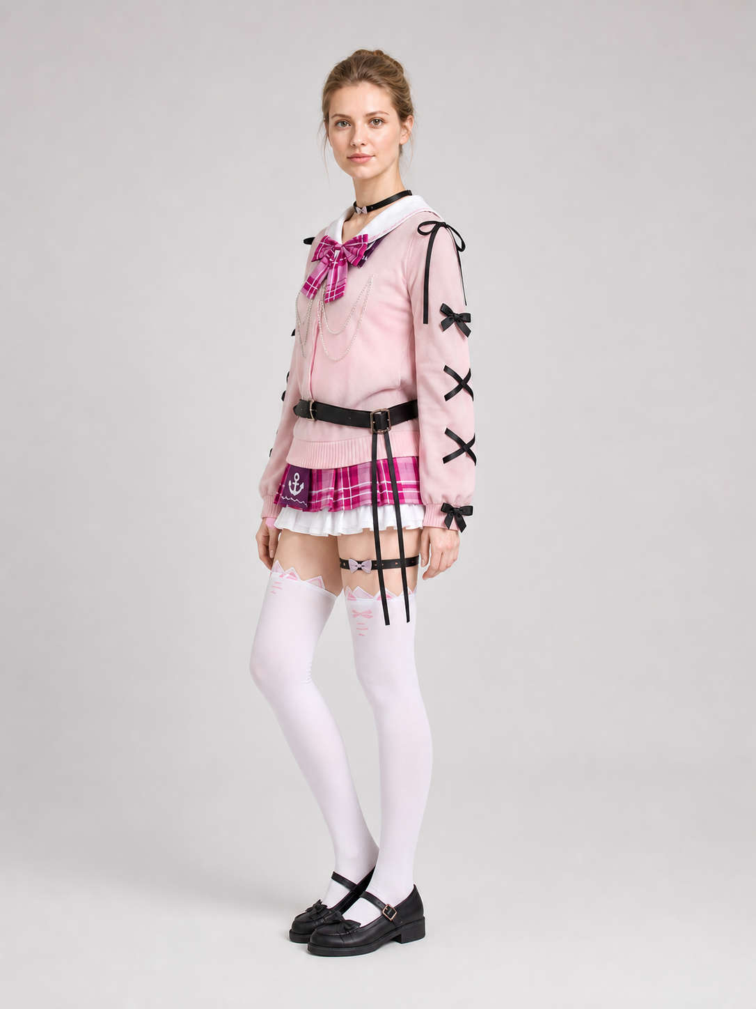 Aqua Cosplay: Pink Top, Plaid Skirt, Bows, Knee-High Socks side view