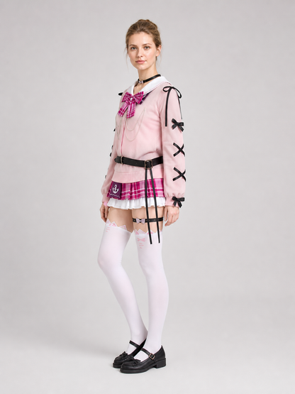 Aqua Cosplay: Pink Top, Plaid Skirt, Bows, Knee-High Socks side view