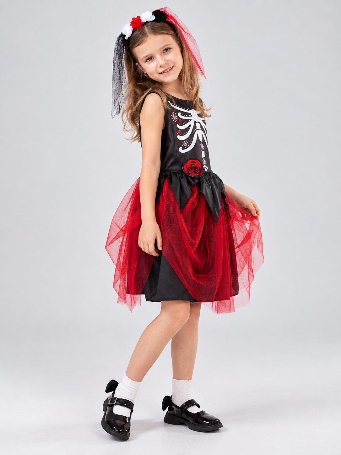 Carnival costume with mesh skirt, skeleton print, rose