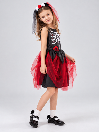 Carnival costume with mesh skirt, skeleton print, rose
