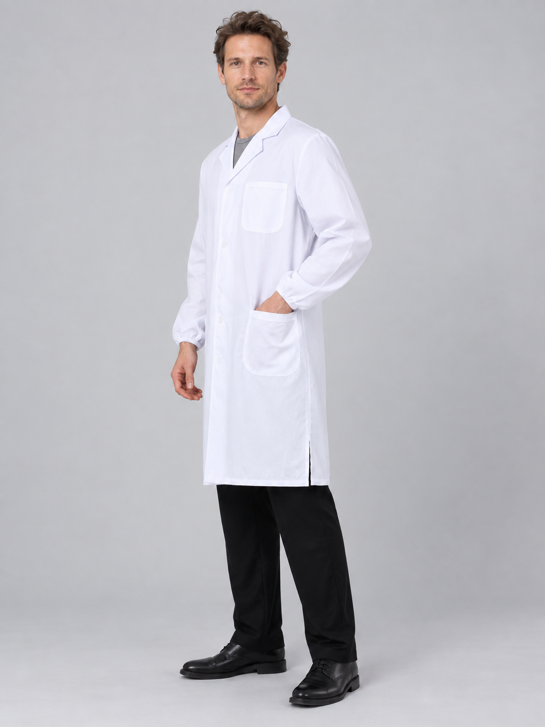 White medical coat with collar and long sleeves
