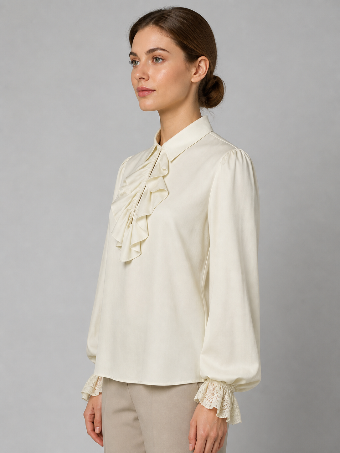 Cream Ruffled Blouse with Lace Cuffs