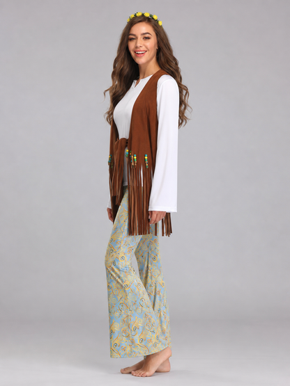 The stage costume is designed in a retro style and is suitable for a Halloween party, disco performance, or cosplay. The set includes a stage outfit with a white long-sleeve shirt, brown fringe, and light blue flared pants featuring a yello