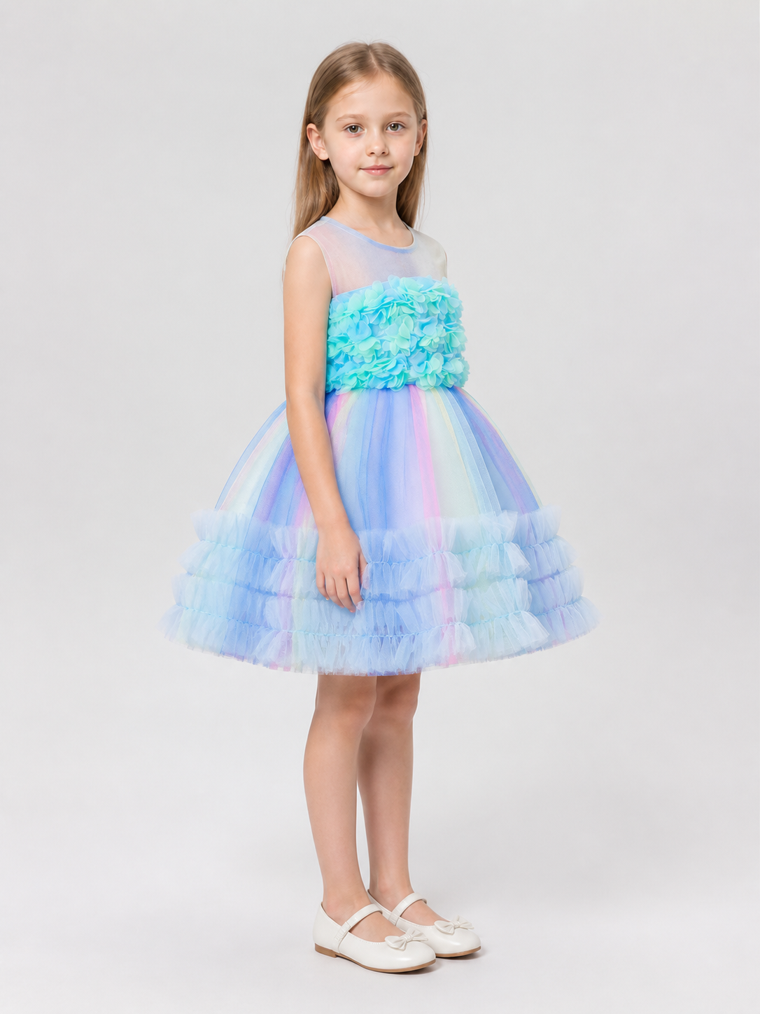 Princess Party Dress with a Multi-Tiered Full Skirt side view