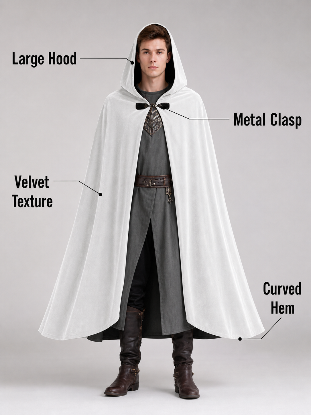 Medieval White Velvet Hooded Long Cloak Cape with Black Bow Tie Front Flared Hem side view 5
