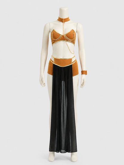 Gold-and-black cosplay costume with chains and a sheer skirt side view