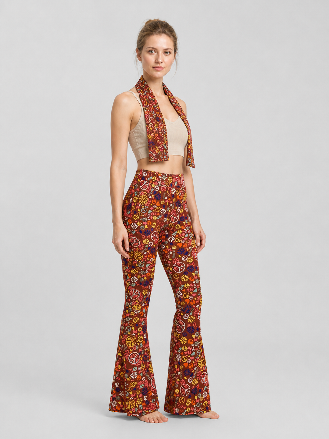 Printed Flare-Leg Pants with Headscarf, High Waist side view