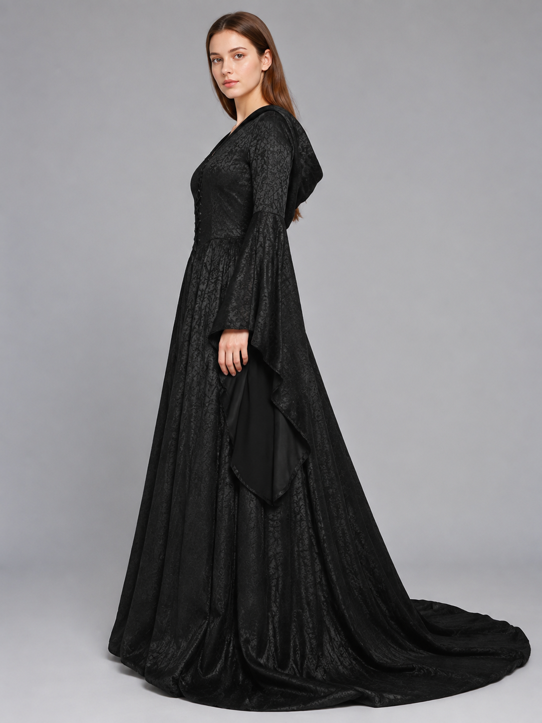 Medieval Hooded Dress with Train side view
