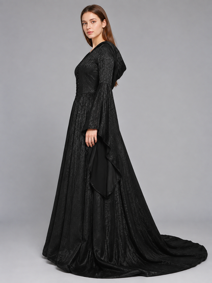 Medieval Hooded Dress with Train side view
