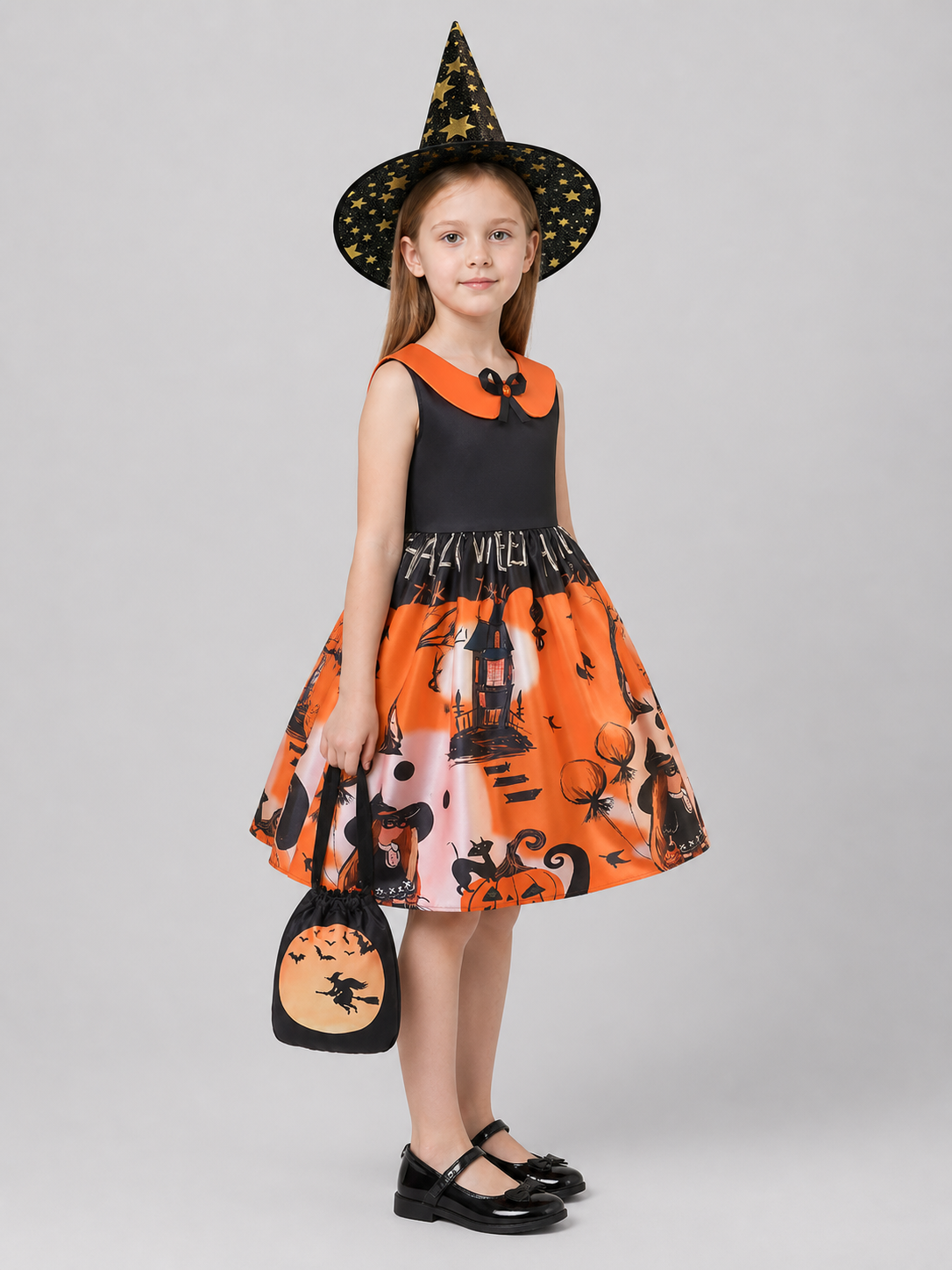 Children's Halloween Costume: Dress, Hat, and Handbag side view