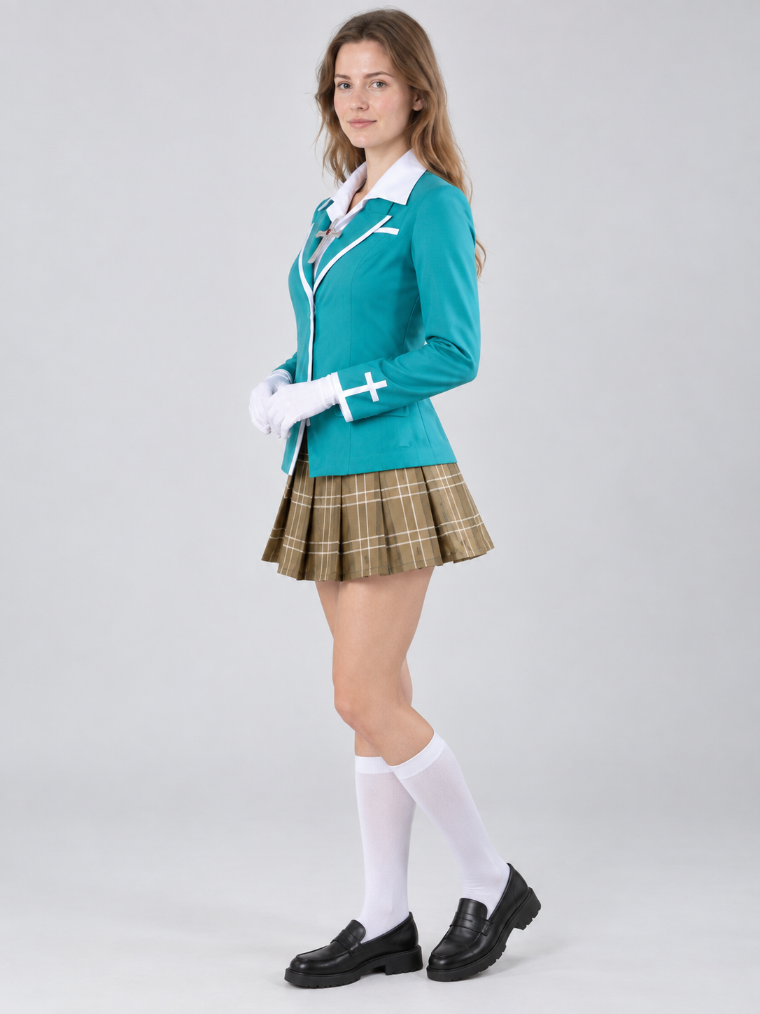 Cosplay Costume Turquoise Jacket, Cross-Pattern Plaid Skirt