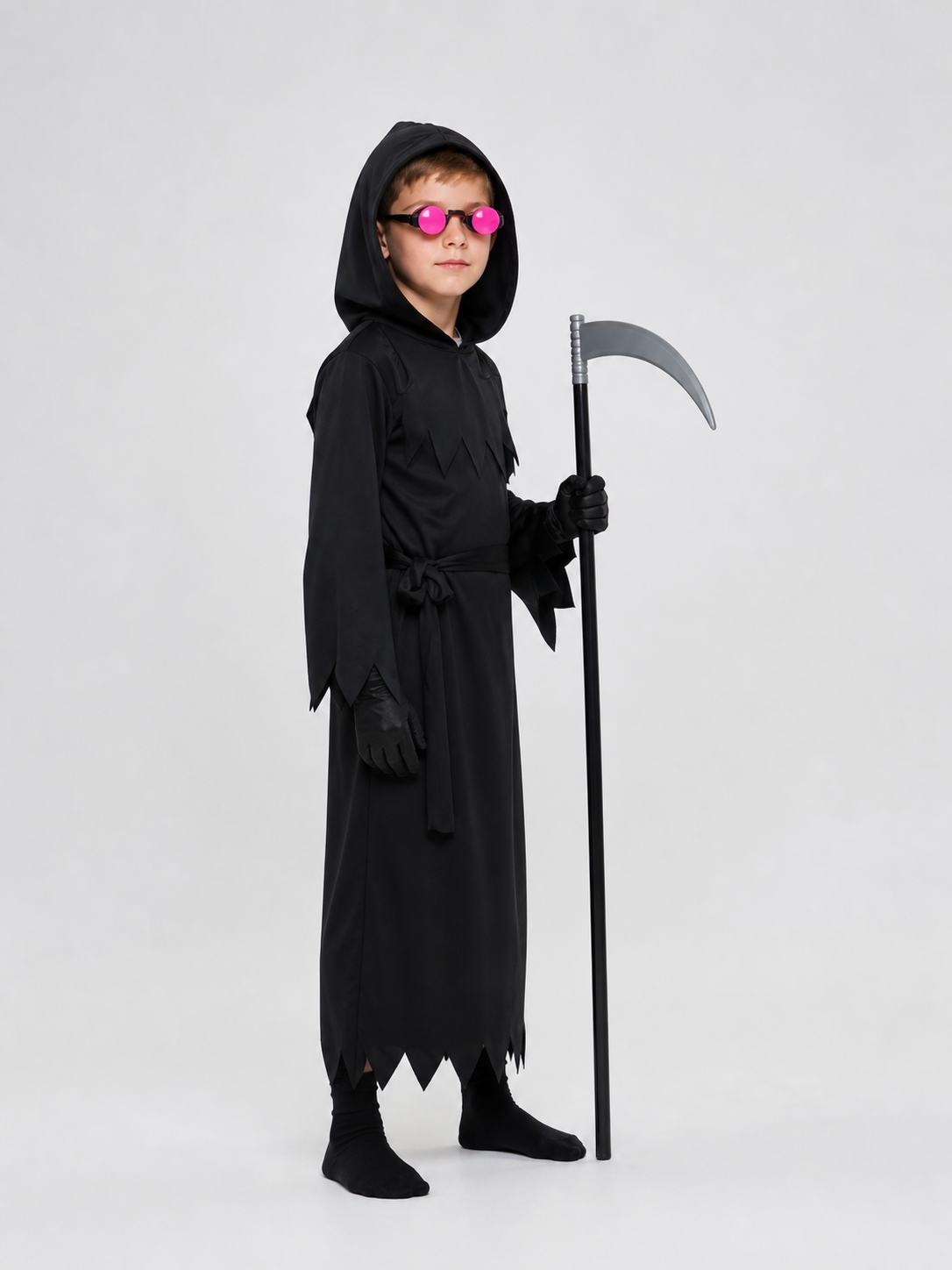 Reaper Costume with Hood, Scythe, and Glowing Glasses side view