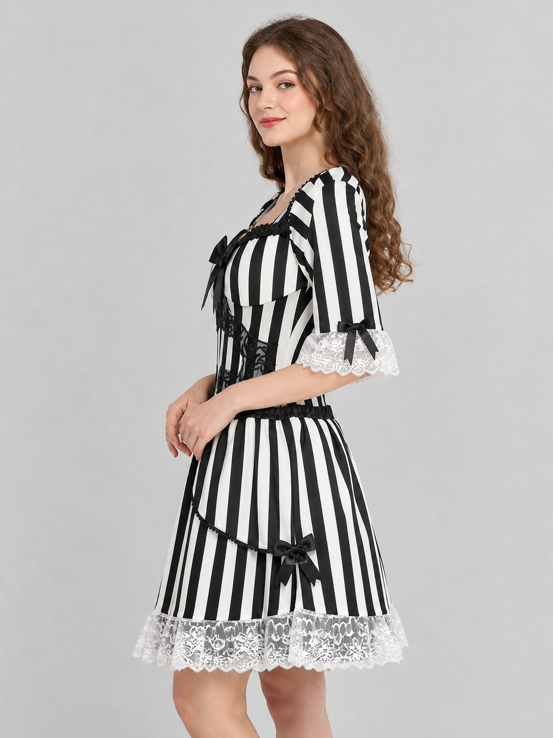 Gothic Striped Dress with Lace and Bow