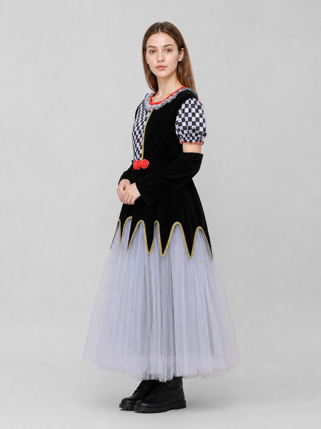 Carnival Dress, Black and White Plaid, Gothic Style side view