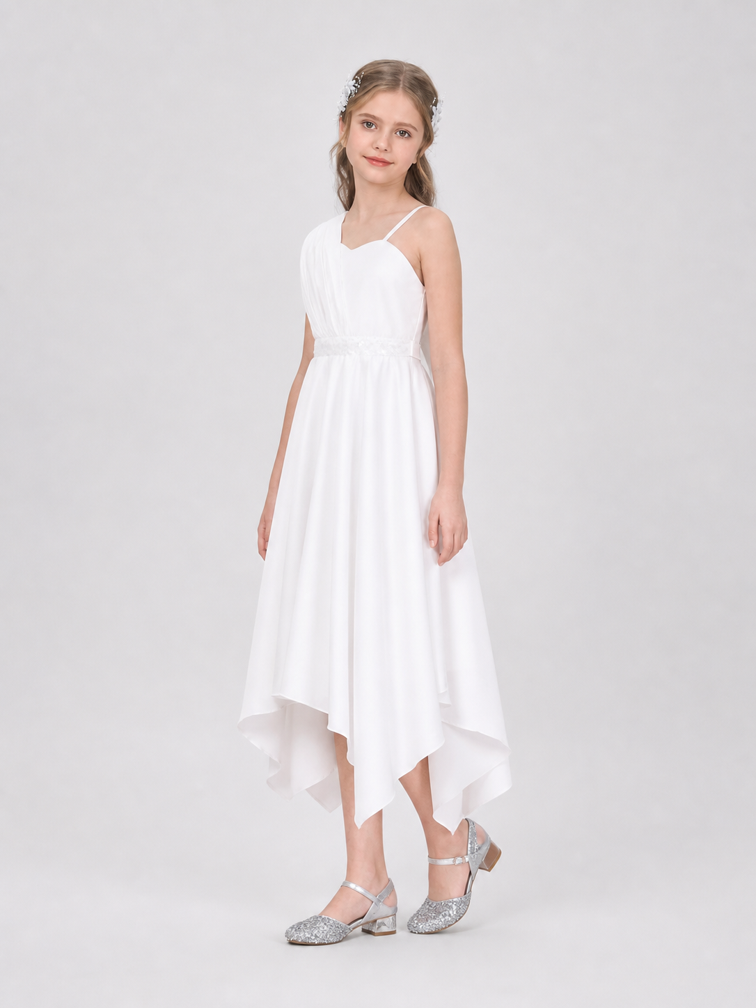 White Dressy Children's Dress with an Asymmetrical Skirt side view