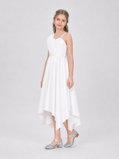 White Dressy Children's Dress with an Asymmetrical Skirt side view