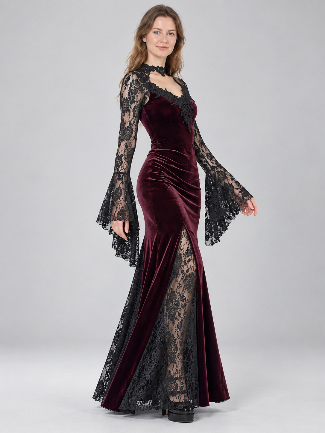 Long burgundy dress with black lace and appliqué