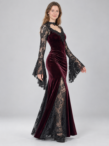 Long burgundy dress with black lace and appliqué