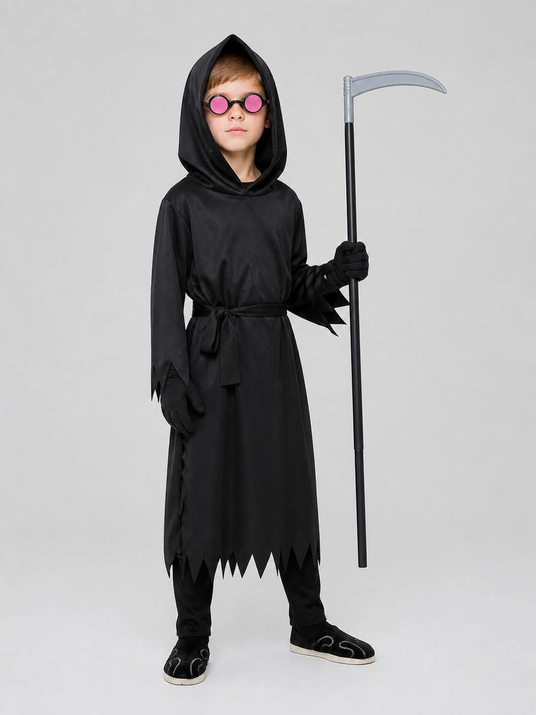 Skeleton Costume: Black Hooded Robe with Scythe