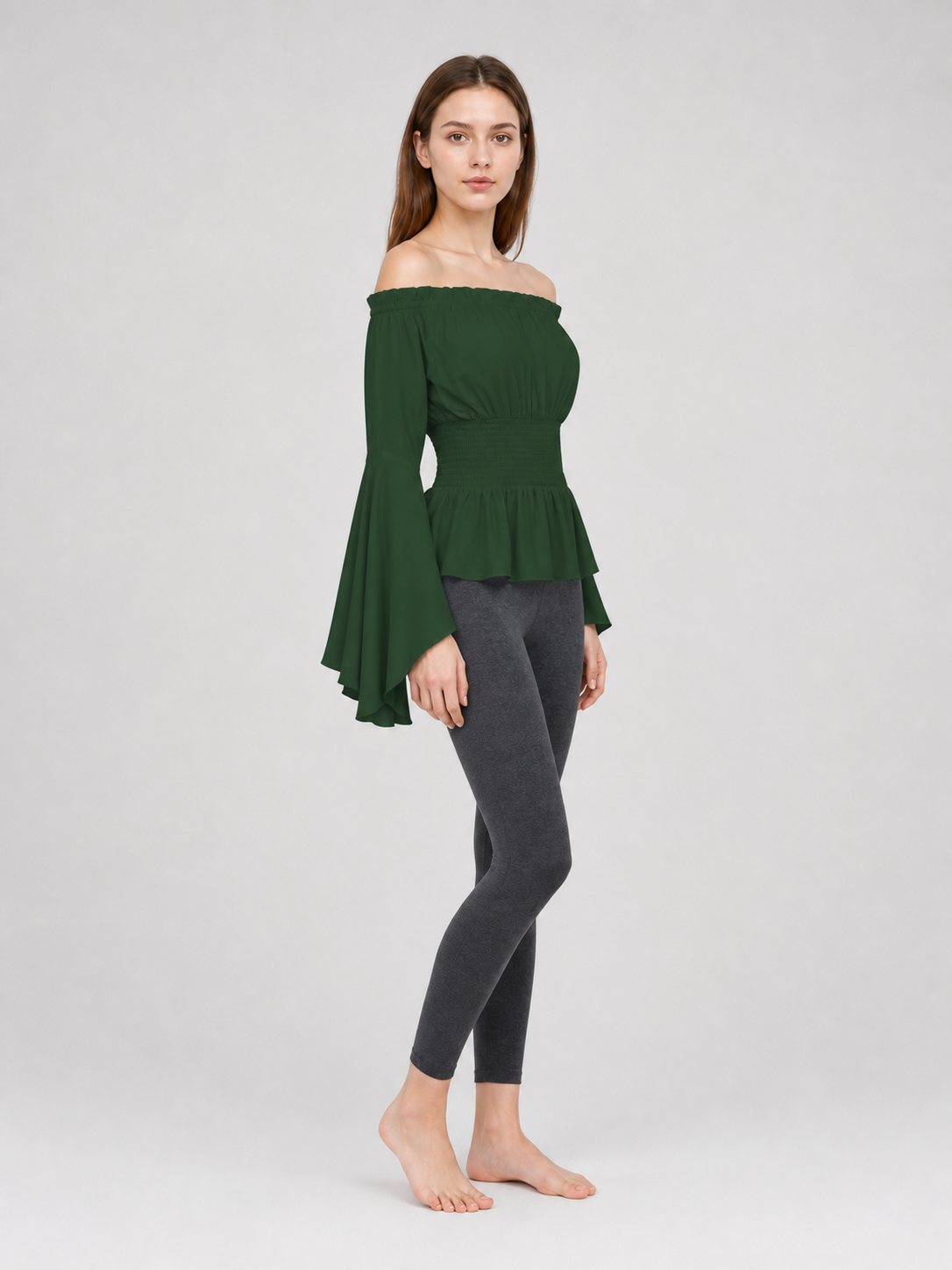Dark Green Off-the-Shoulder Peplum Blouse