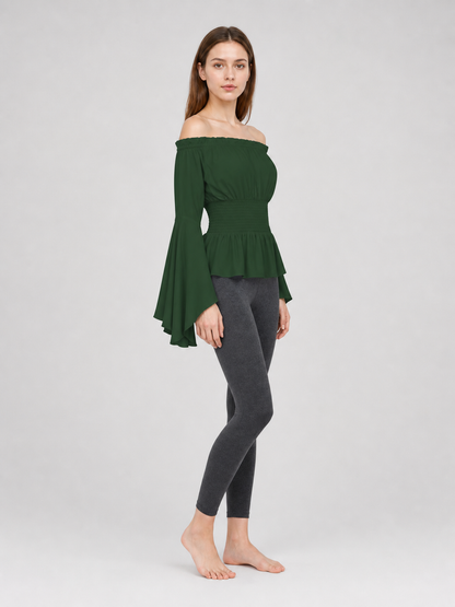 Dark Green Off-the-Shoulder Peplum Blouse